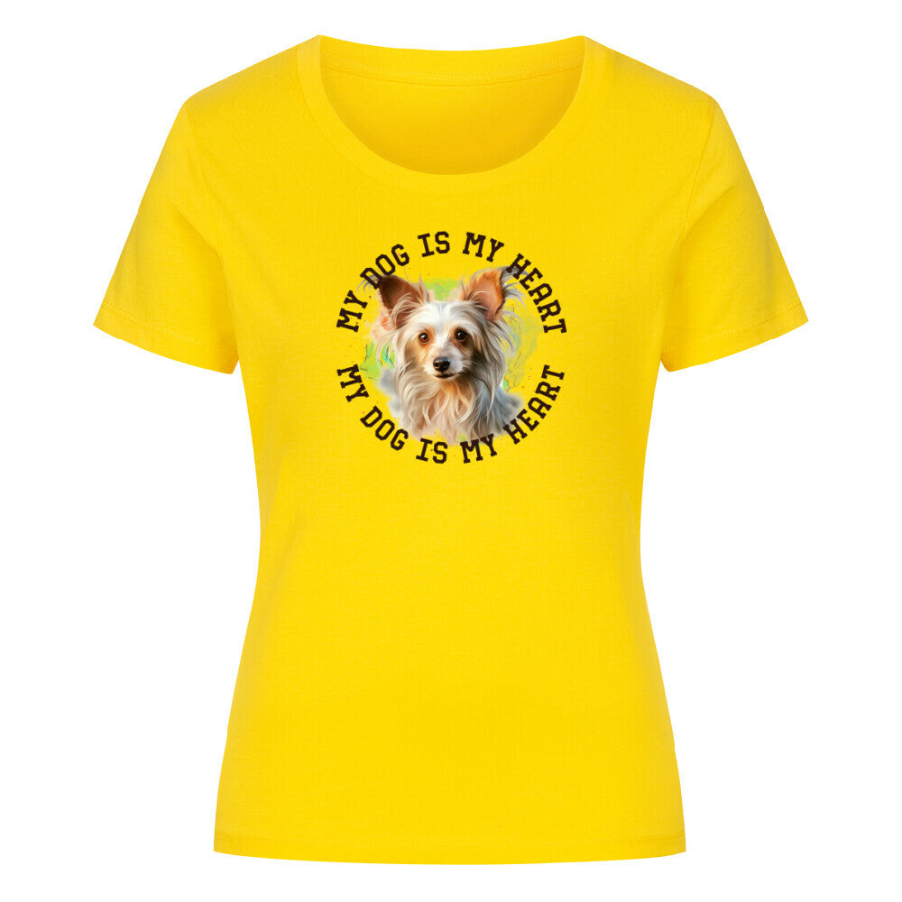 Premium Organic Damen-Shirt "Chinese Crested HEART" Golden Yellow – hunde-shirt.de