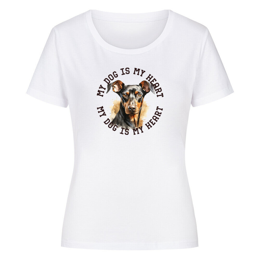 Premium Organic Damen-Shirt "Dobermann HEART" Weiß – hunde-shirt.de