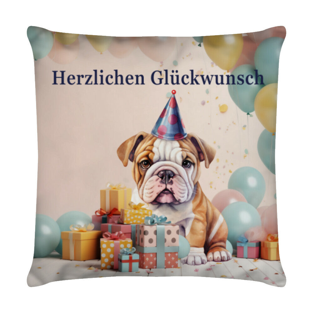 Kissen "English Bulldog - Herzlichen Glückwunsch" Weiß – hunde-shirt.de