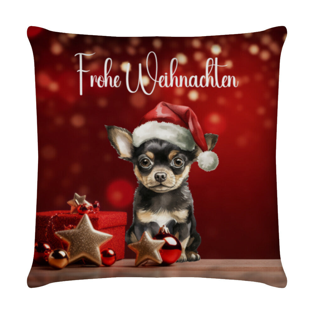 Kissen "Chihuahua dunkel - Frohe Weihnachten" Weiß – hunde-shirt.de