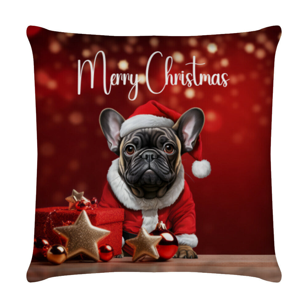 Kissen "Frenchie schwarz / braun - Merry Christmas" Weiß – hunde-shirt.de
