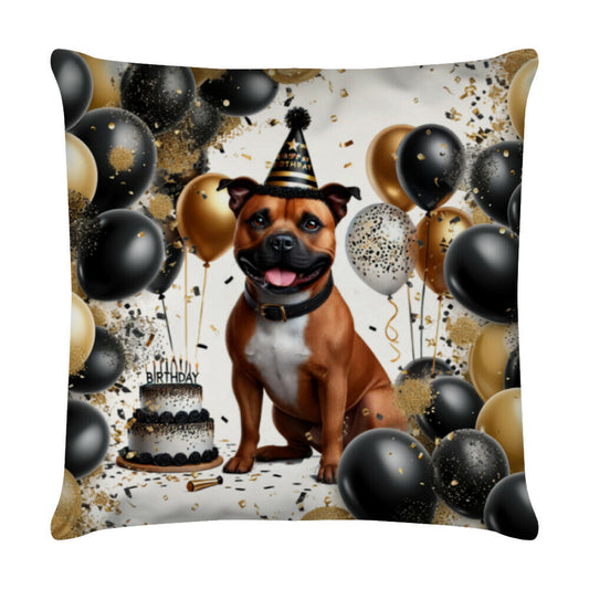 Kissen "Staffordshire Terrier ( braun ) - Geburtstag" Weiß – hunde-shirt.de