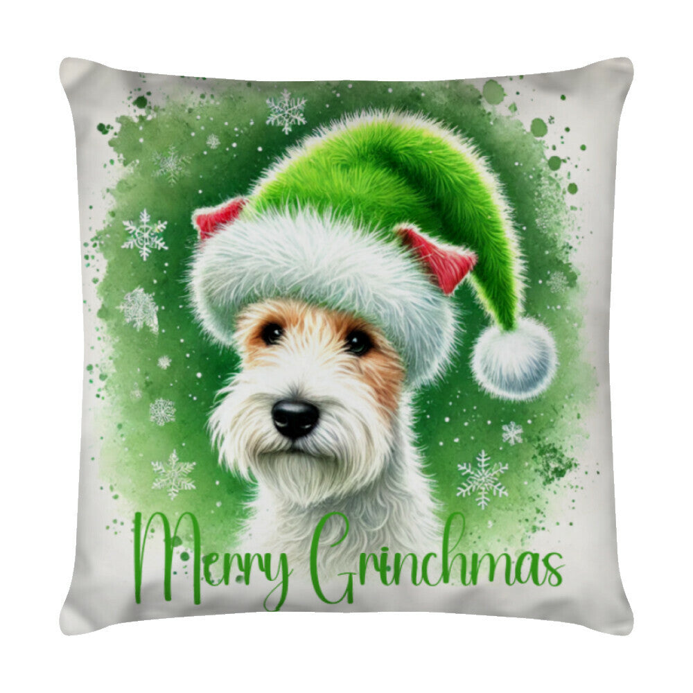 Kissen "Foxterrier ( Drahthaar ) - Merry Grinchmas" Weiß – hunde-shirt.de