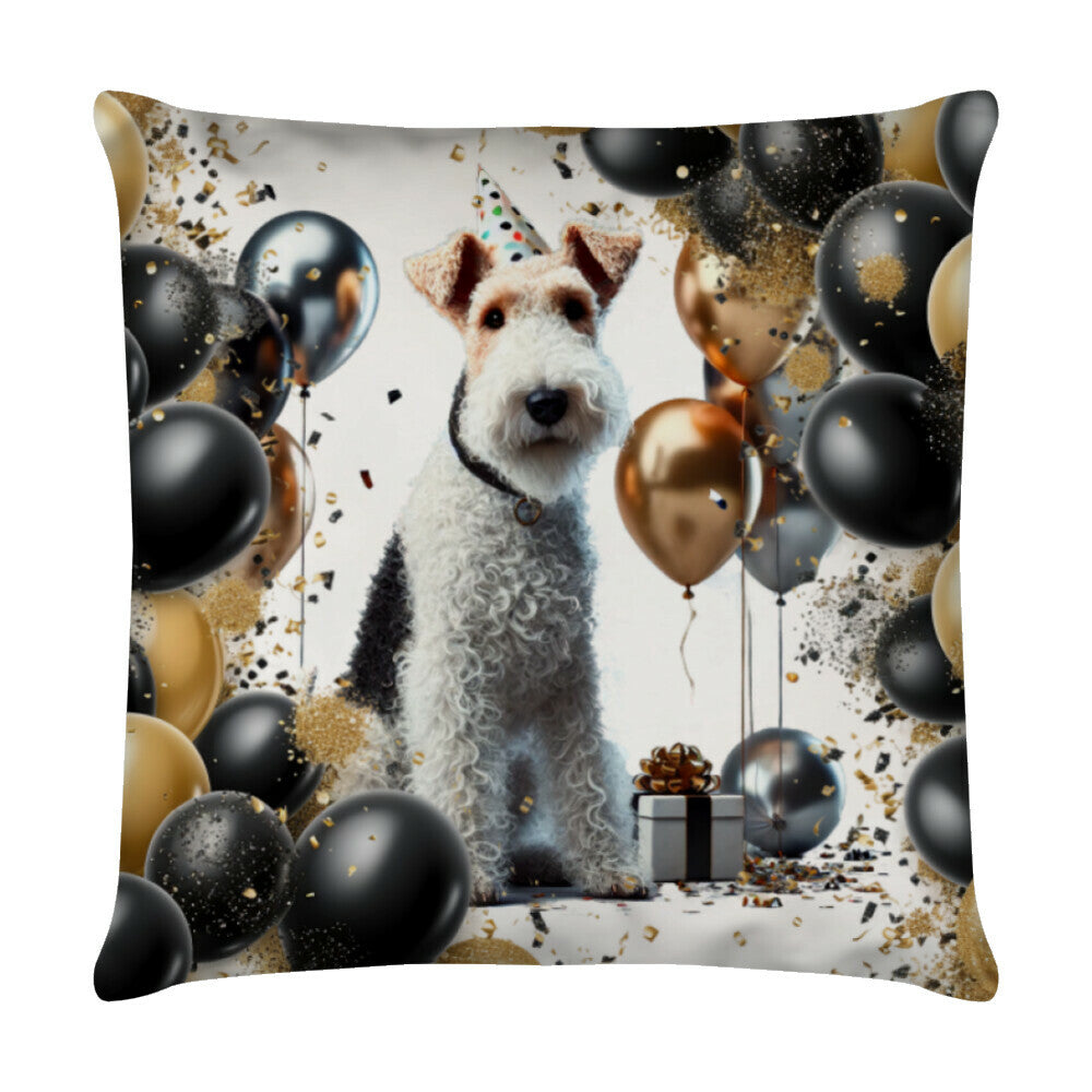 Kissen "Foxterrier ( Drahthaar ) - Geburtstag" Weiß – hunde-shirt.de