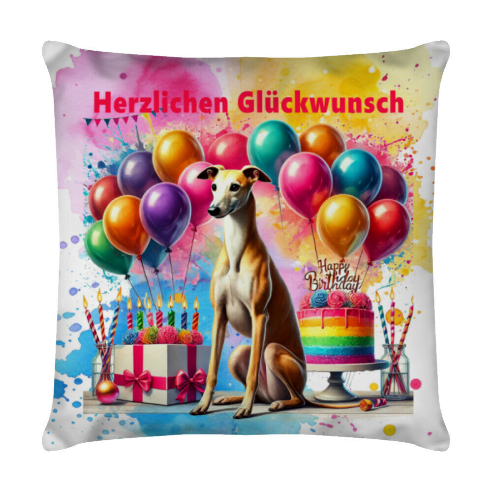Kissen "Greyhound - Herzlichen Glückwunsch" Weiß – hunde-shirt.de