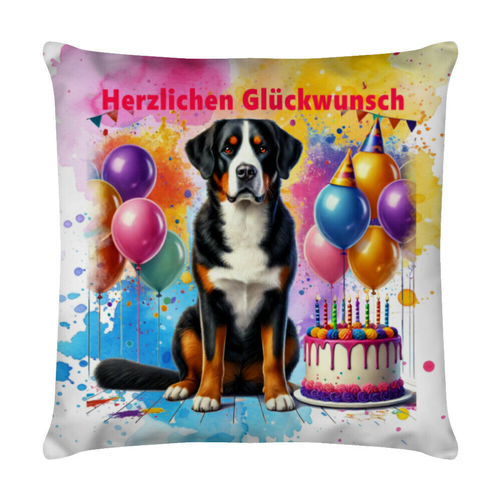 Kissen "Großer Schweizer - Herzlichen Glückwunsch" Weiß – hunde-shirt.de