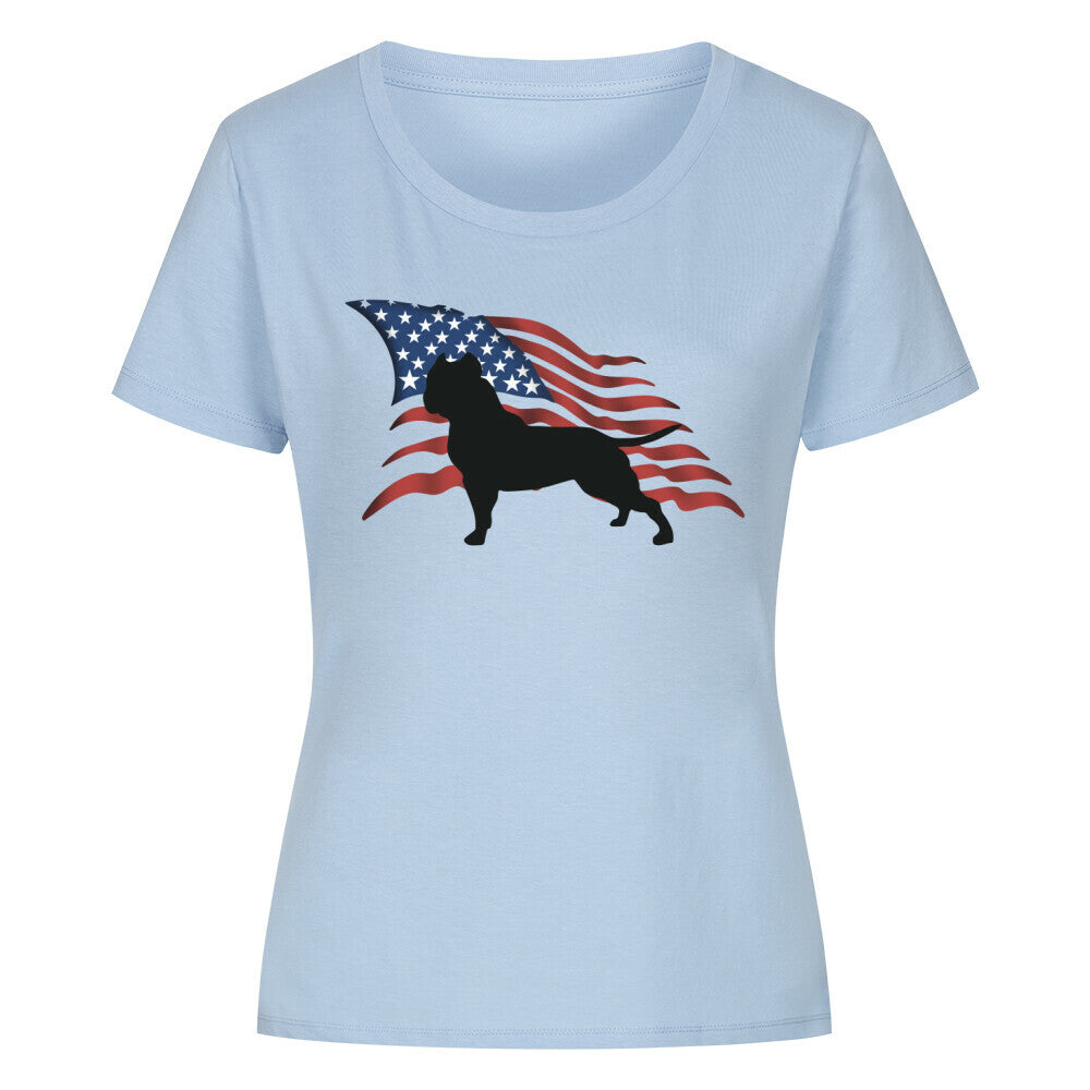 Premium Organic Damen-Shirt "American Bully - Flag" Sky Blue – hunde-shirt.de