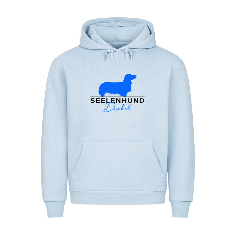 Premium Hoodie "Langhaardackel - Seelenhund" Babyblau – hunde-shirt.de