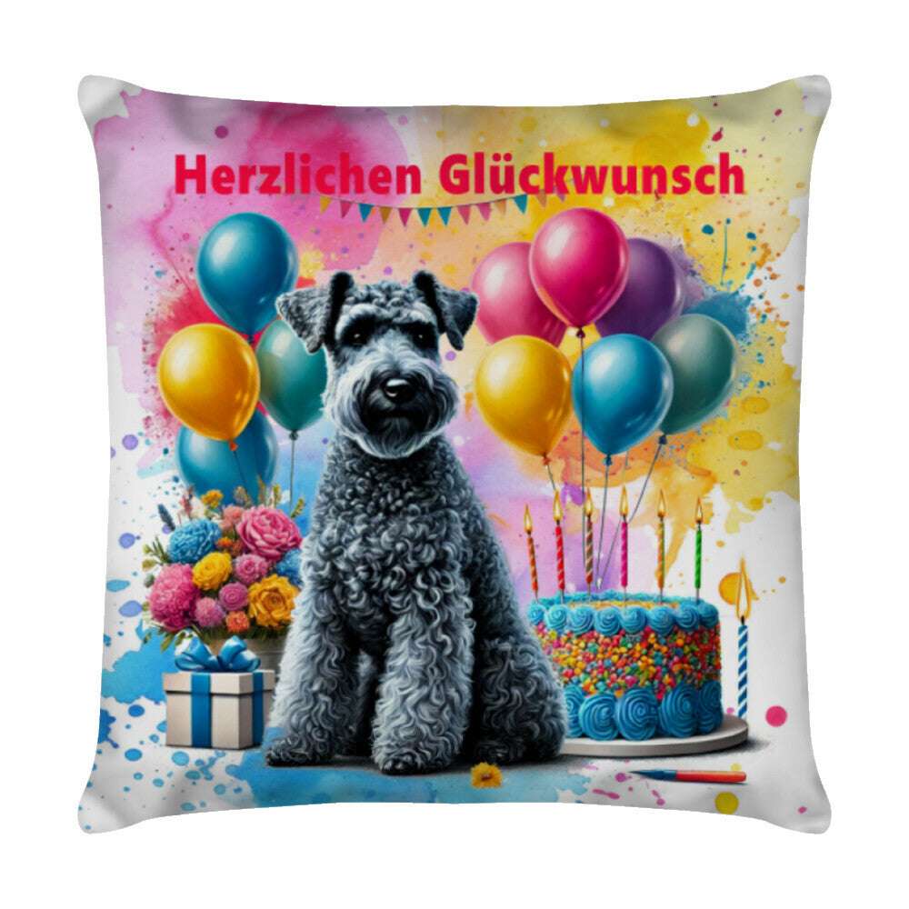 Kissen "Kerry Blue Terrier - Geburtstag II" Weiß – hunde-shirt.de