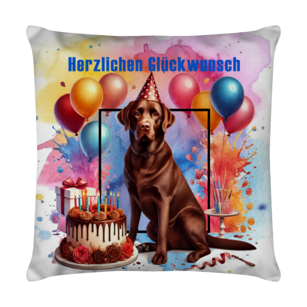 Kissen "Labrador braun - Herzlichen Glückwunsch" Weiß – hunde-shirt.de