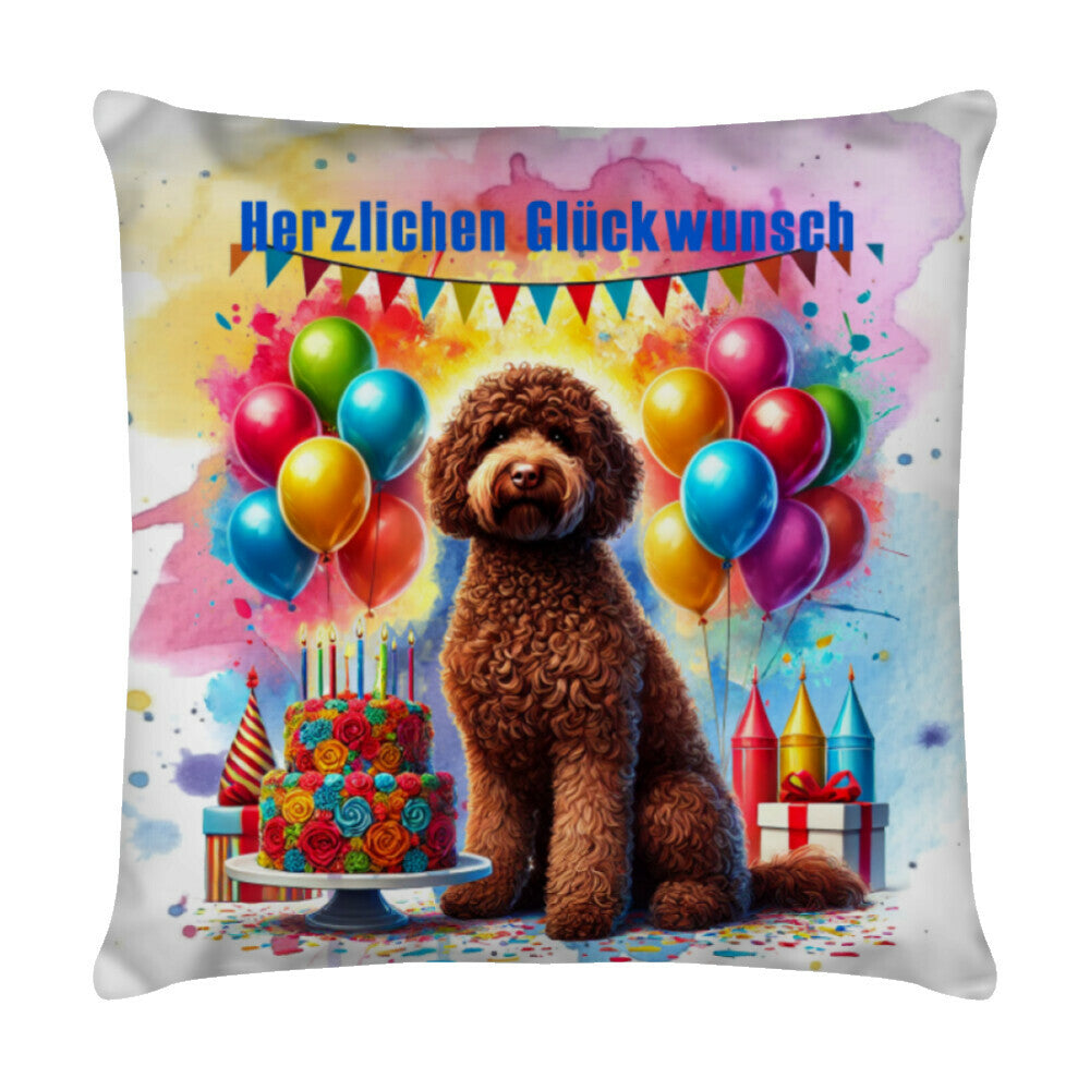 Kissen "Lagotto - Herzlichen Glückwunsch" Weiß – hunde-shirt.de