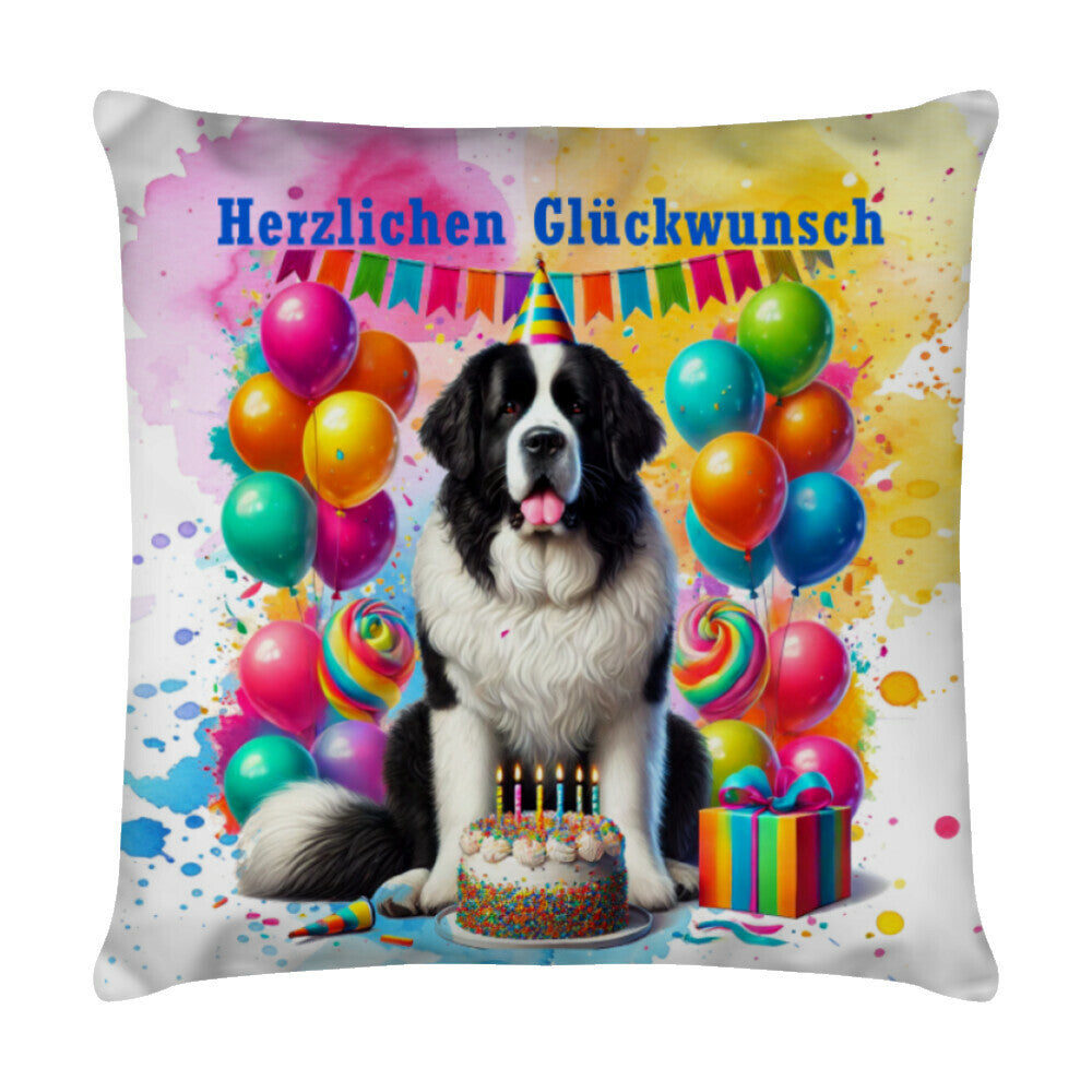 Kissen "Landseer - Herzlichen Glückwunsch" Weiß – hunde-shirt.de