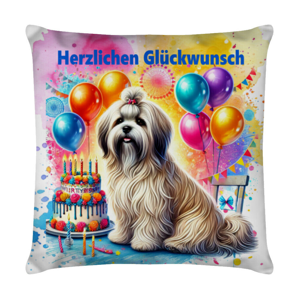 Kissen "Lhasa Apso - Herzlichen Glückwunsch II" Weiß – hunde-shirt.de