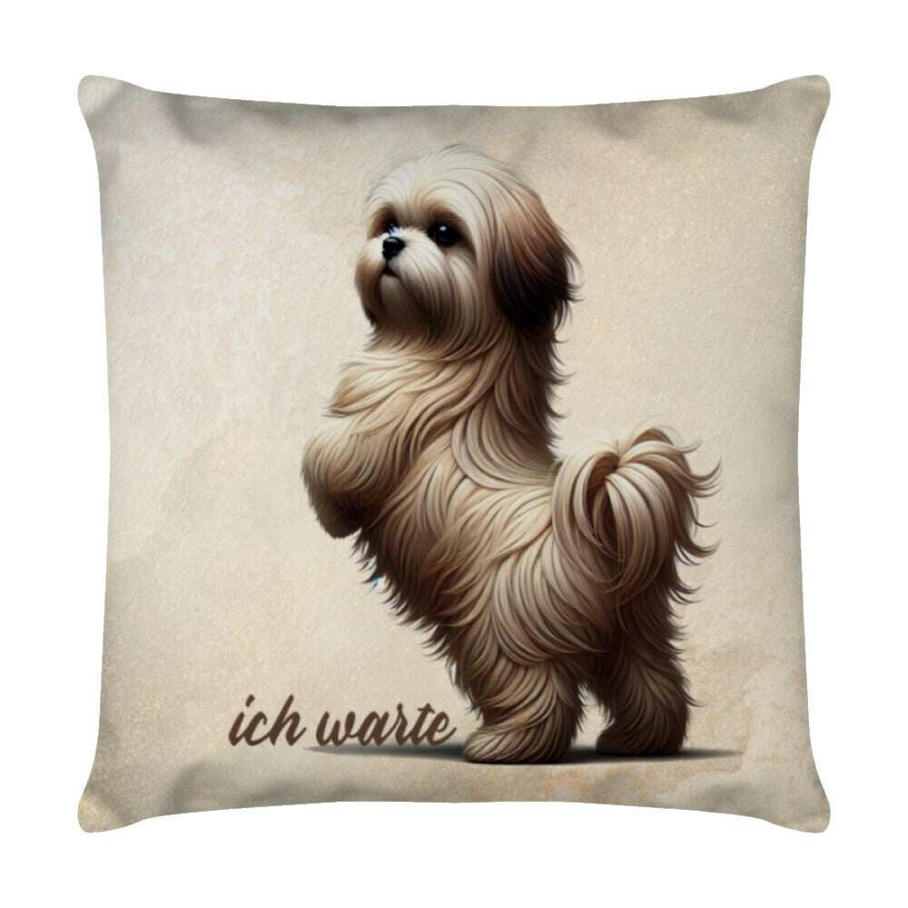 Kissen "Lhasa Apso - ...ich warte" Weiß – hunde-shirt.de