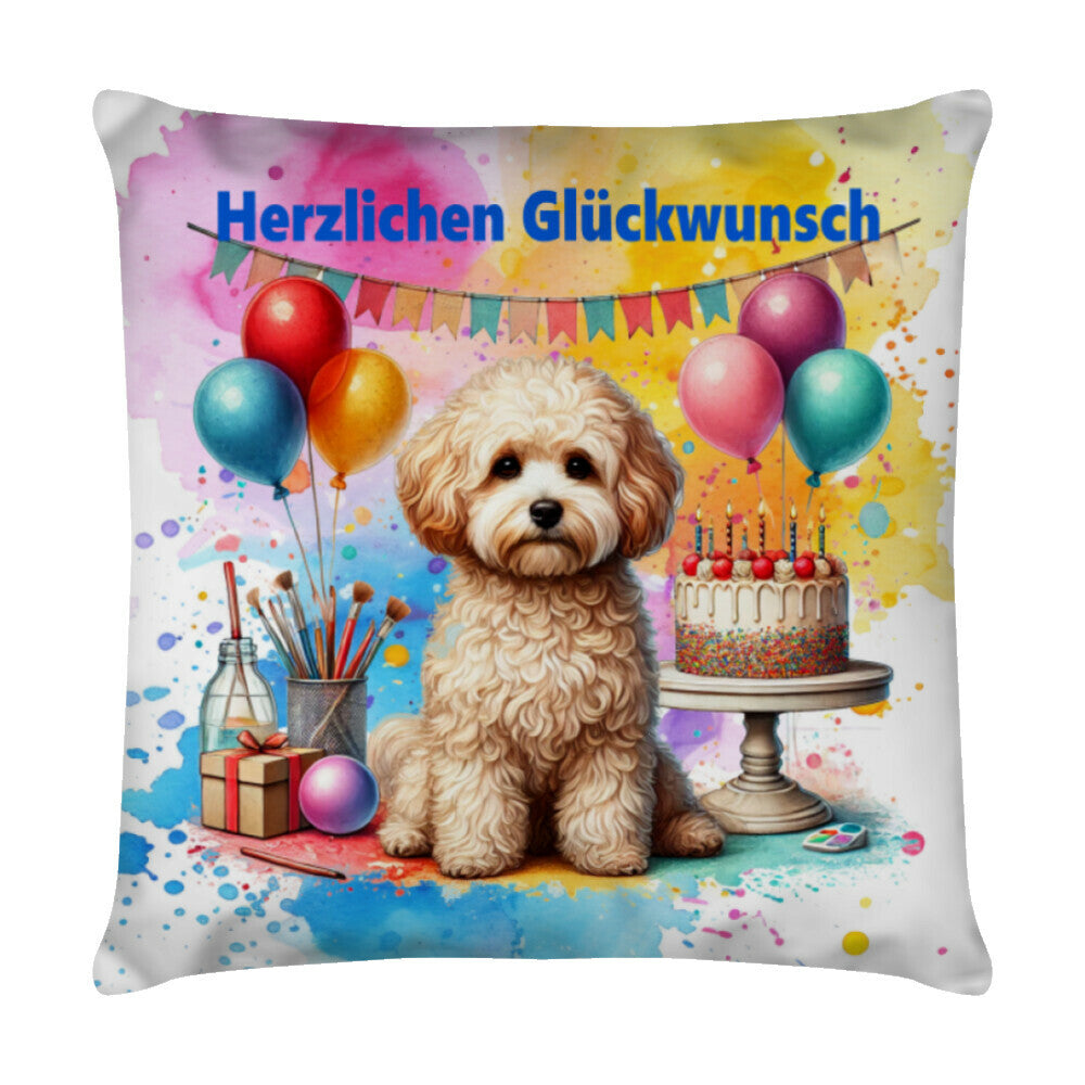 Kissen "Maltipoo - Herzlichen Glückwunsch" Weiß – hunde-shirt.de