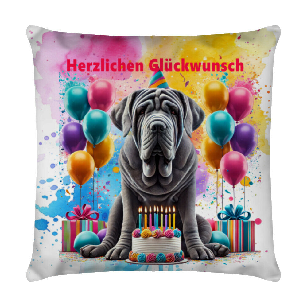 Kissen "Mastino - Herzlichen Glückwunsch" Weiß – hunde-shirt.de