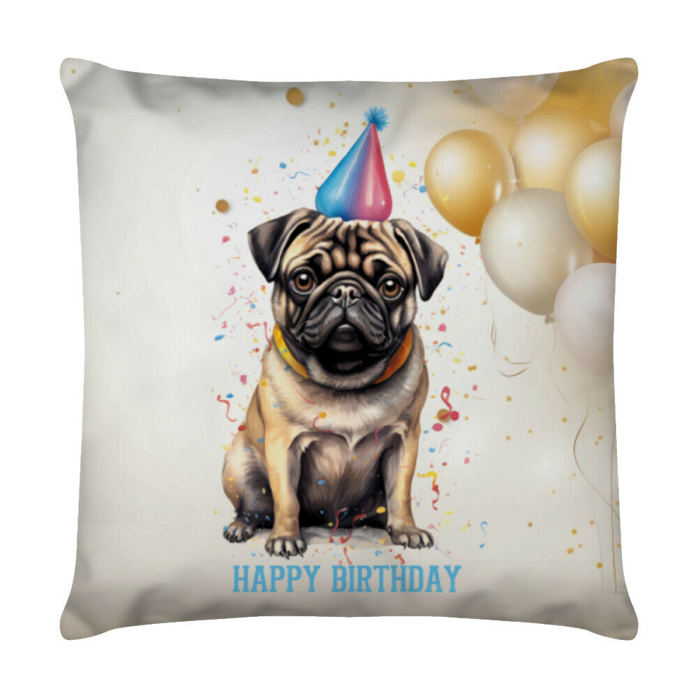 Kissen "Mops - Happy Birthday" Weiß – hunde-shirt.de