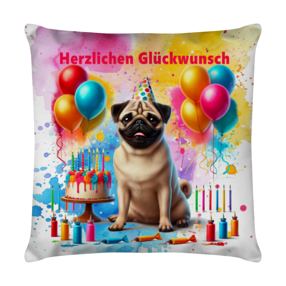 Kissen "Mops - Herzlichen Glückwunsch" Weiß – hunde-shirt.de