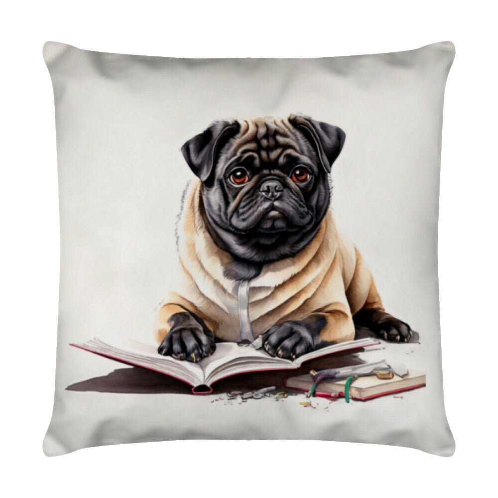 Kissen "Mops - Lesestunde" Weiß – hunde-shirt.de