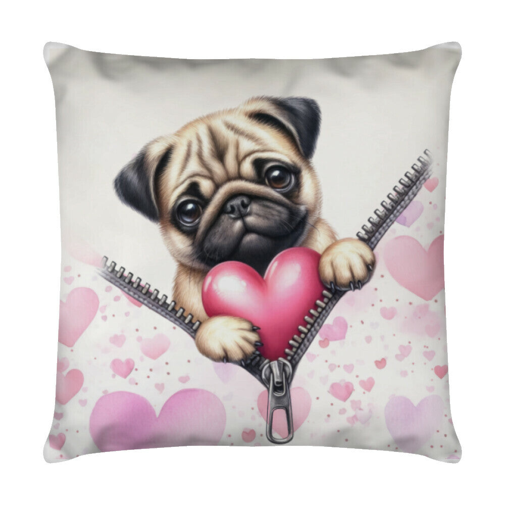 Kissen "Mops - Herzchen" Weiß – hunde-shirt.de