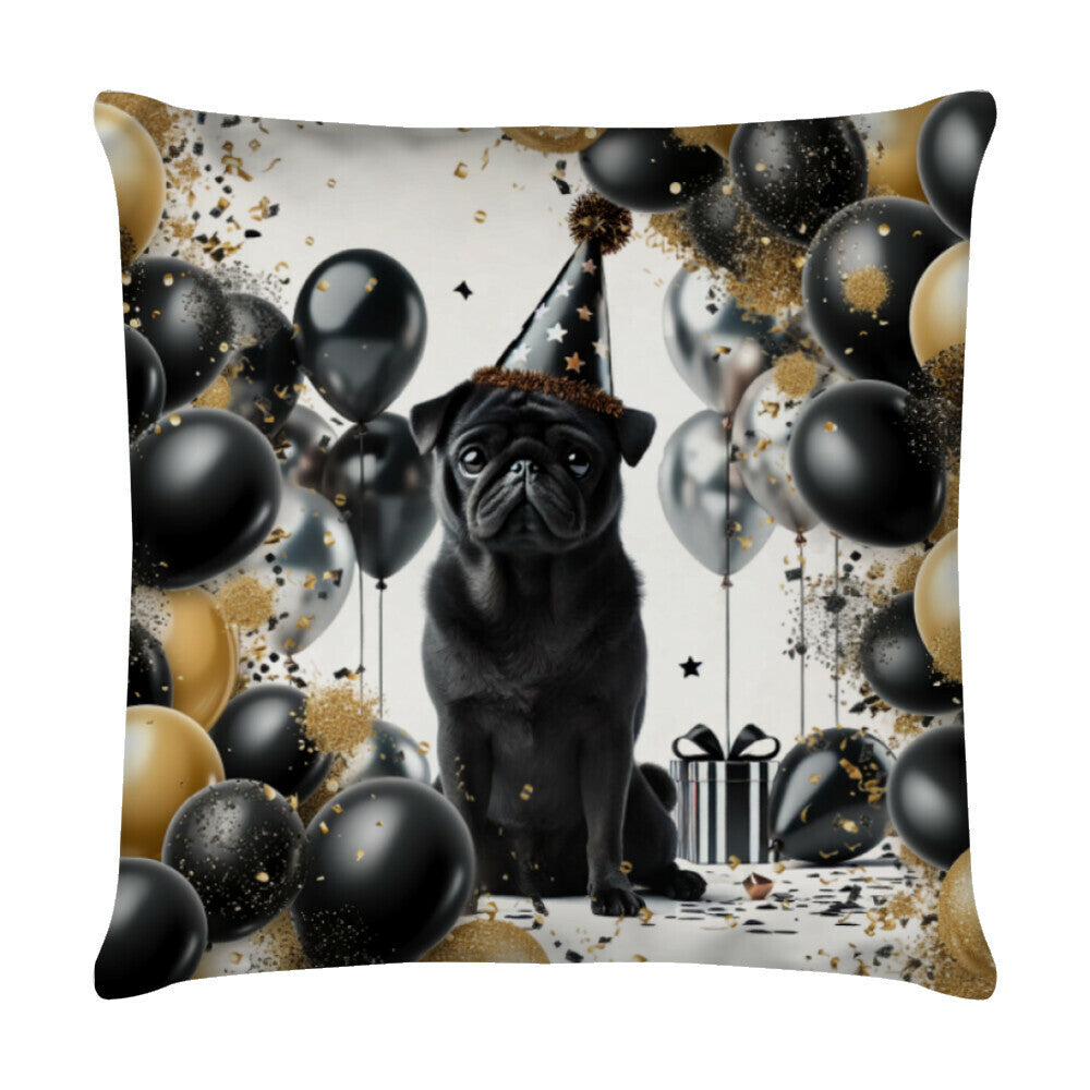 Kissen "Mops schwarz - Geburtstag" Weiß – hunde-shirt.de