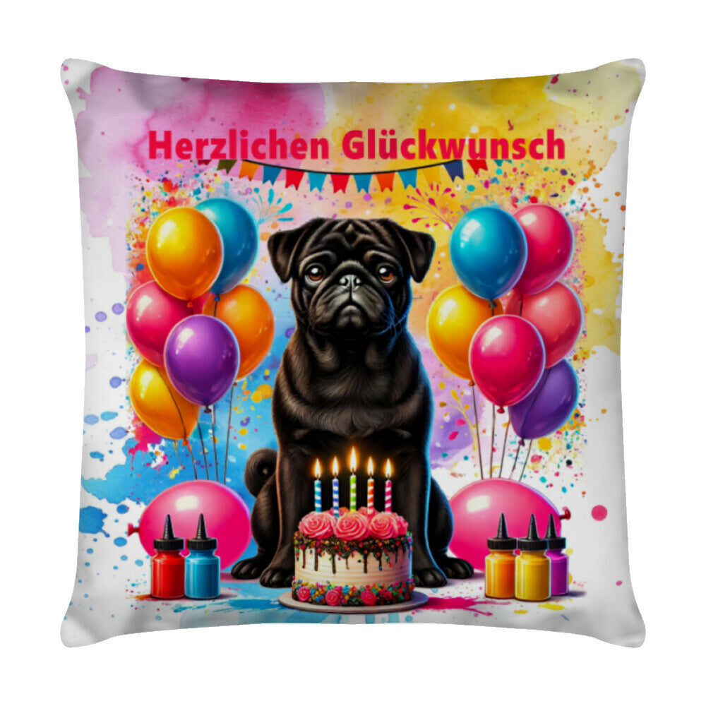 Kissen "Mops schwarz - Herzlichen Glückwunsch" Weiß – hunde-shirt.de
