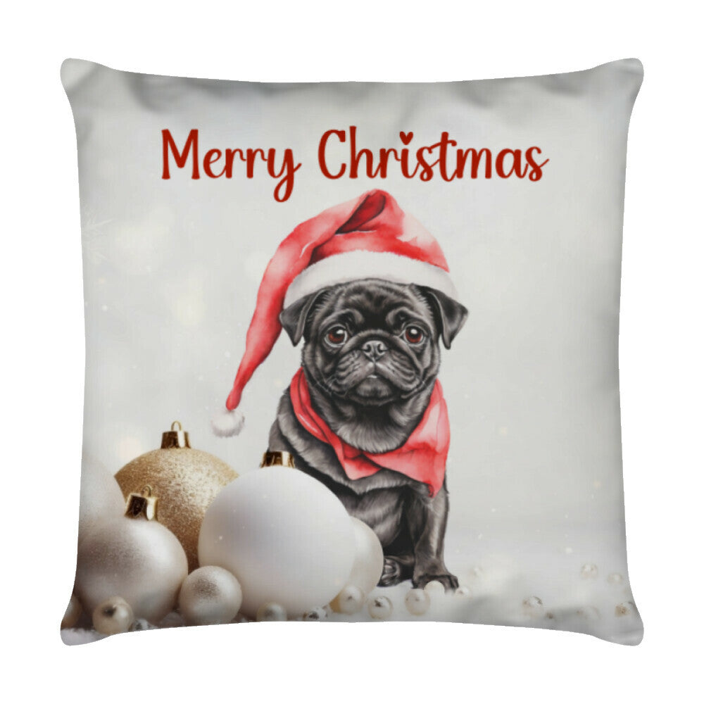 Kissen "Mops schwarz - Merry Christmas" Weiß – hunde-shirt.de
