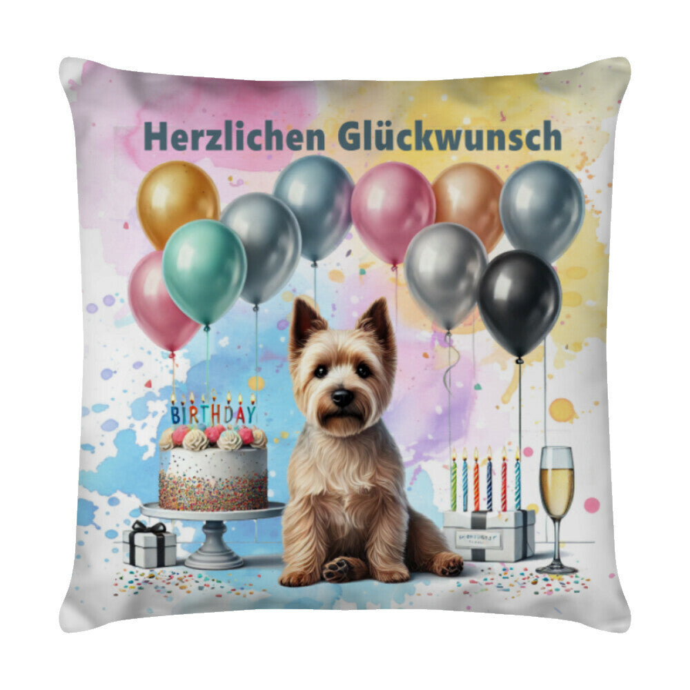 Kissen "Norwich Terrier - Glückwunsch" Weiß – hunde-shirt.de