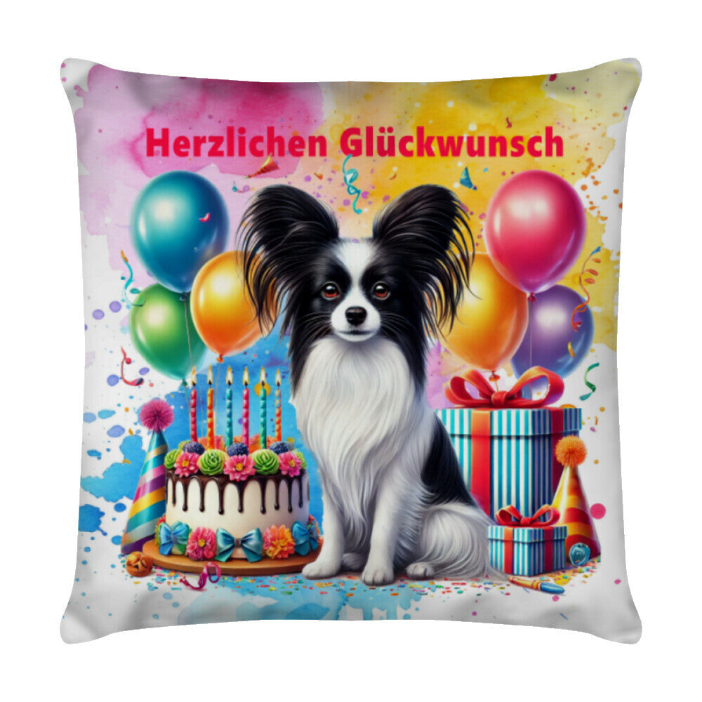 Kissen "Papillon - Herzlichen Glückwunsch II" Weiß – hunde-shirt.de