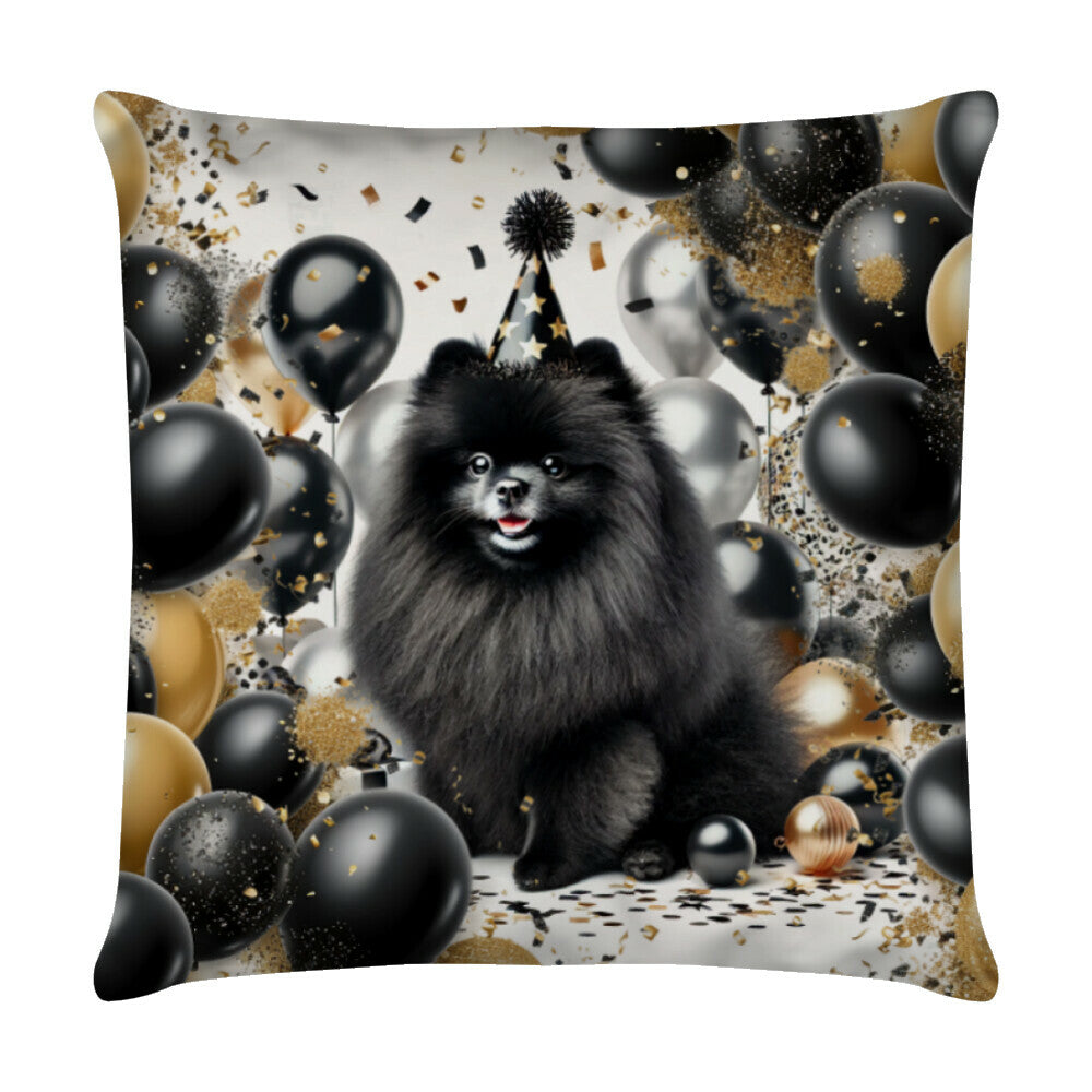 Kissen "Pomeranian schwarz - Geburtstag" Weiß – hunde-shirt.de
