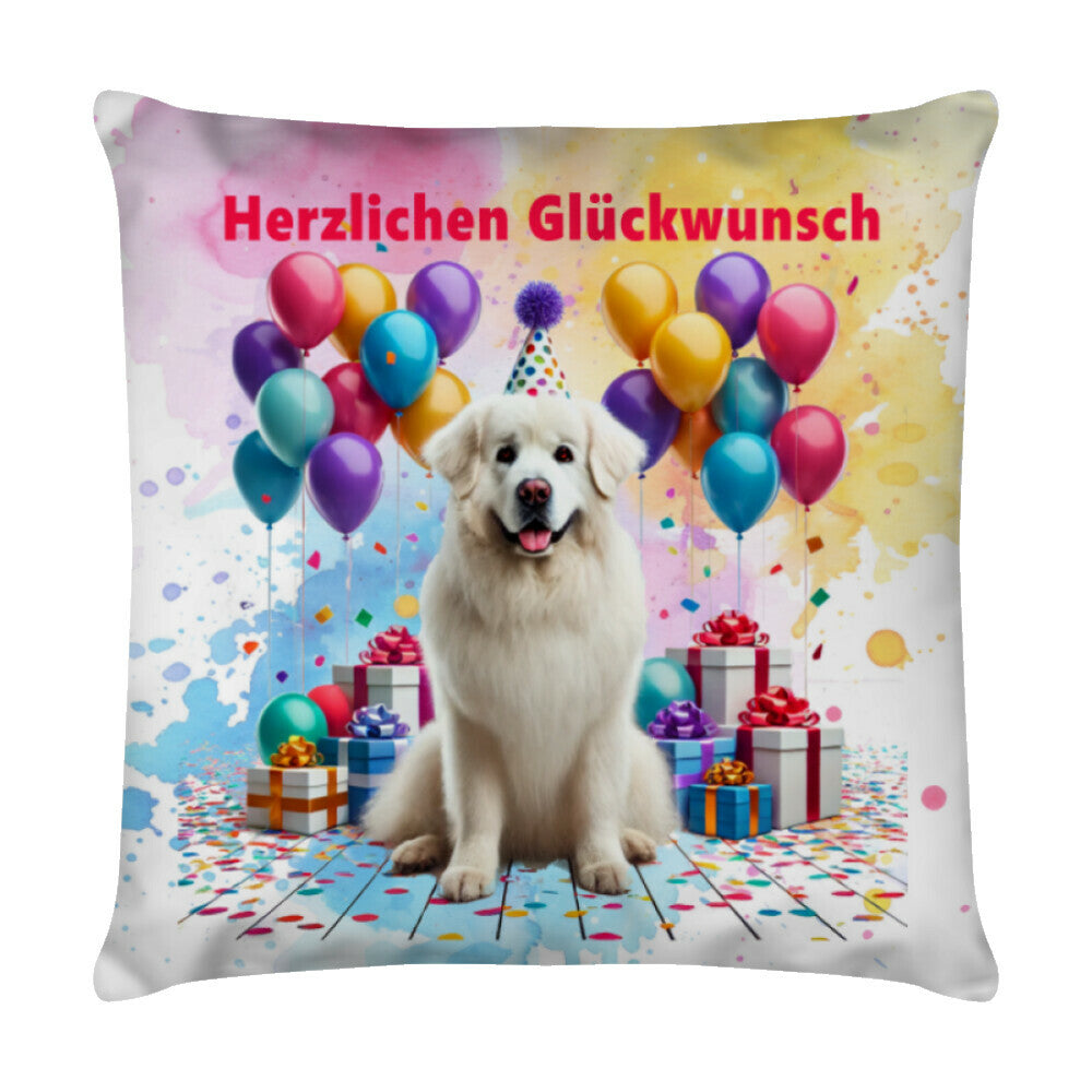 Kissen "Patou - Herzlichen Glückwunsch" Weiß – hunde-shirt.de