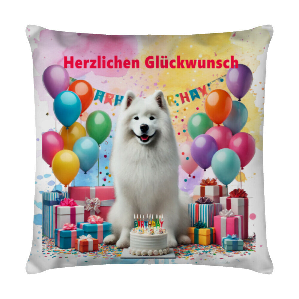 Kissen "Samoyed - Herzlichen Glückwunsch" Weiß – hunde-shirt.de