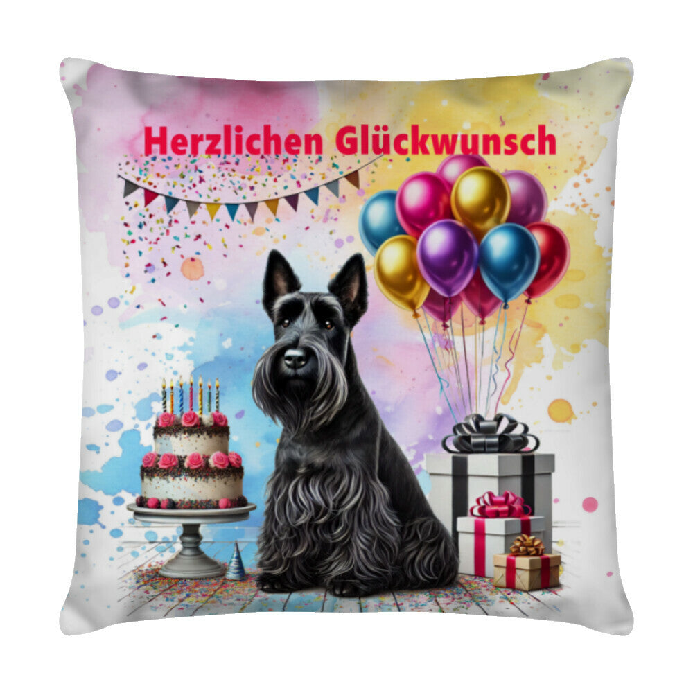 Kissen "Scottish Terrier - Herzlichen Glückwunsch" Weiß – hunde-shirt.de