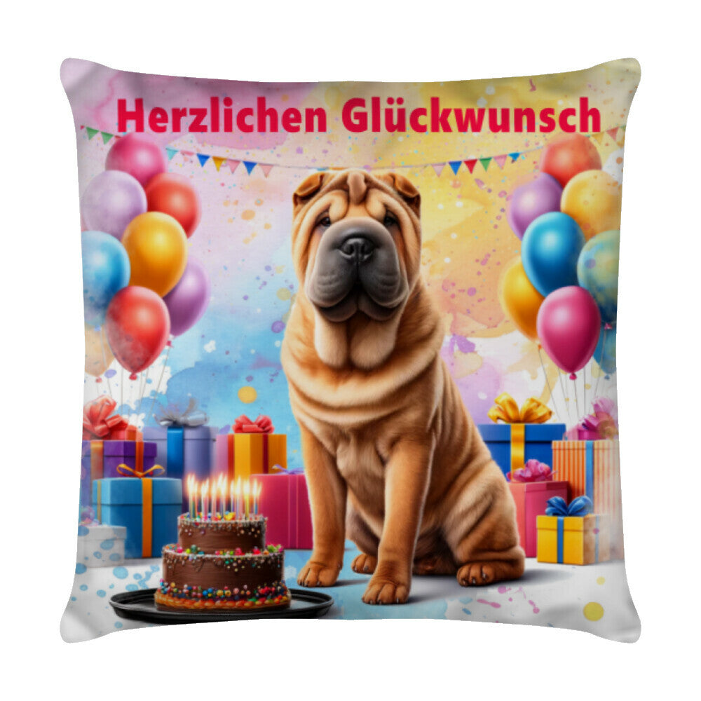 Kissen "Shar Pei - Herzlichen Glückwunsch" Weiß – hunde-shirt.de