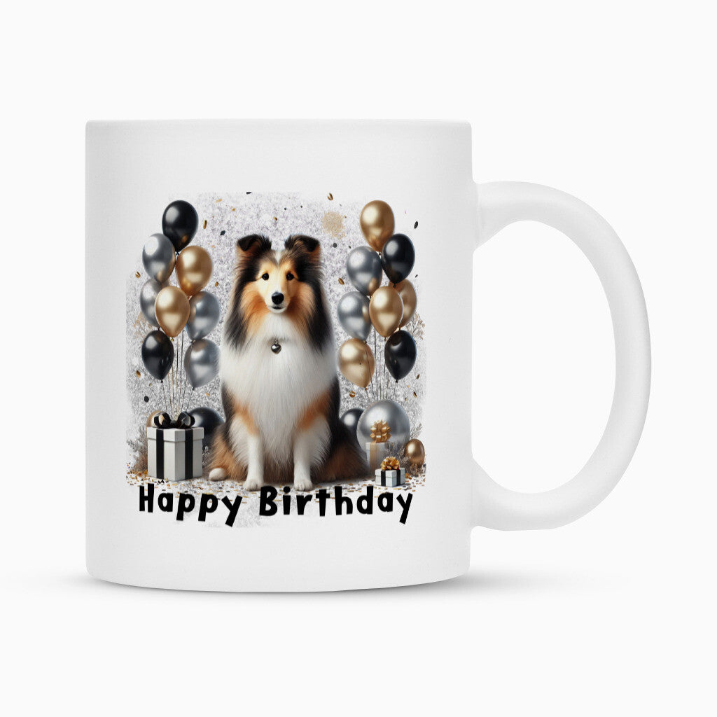 Tasse "Sheltie - Happy Birthday" Weiß – hunde-shirt.de