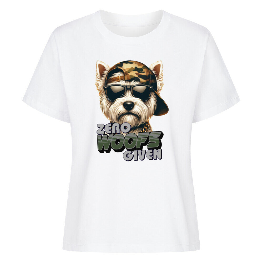 Premium Damen-Shirt "Westie - ZERO WOOFS" Weiß – hunde-shirt.de