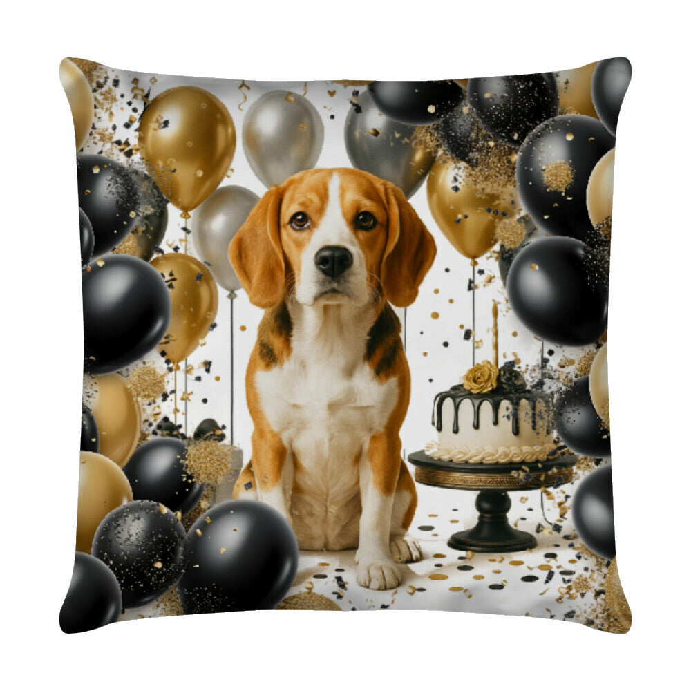 Kissen "Beagle - Happy Birthday" Weiß – hunde-shirt.de
