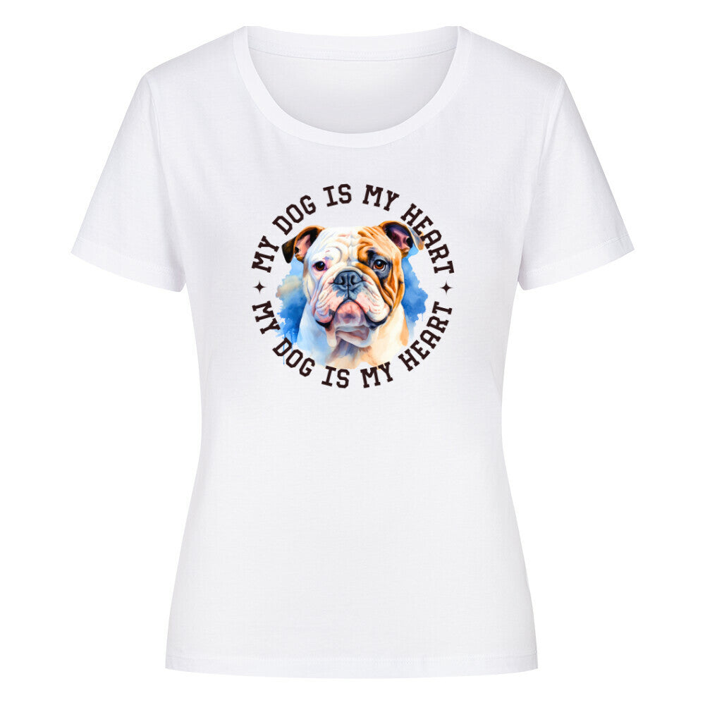Premium Organic Damen Shirt "Englische Bulldogge HEART" Weiß – hunde-shirt.de