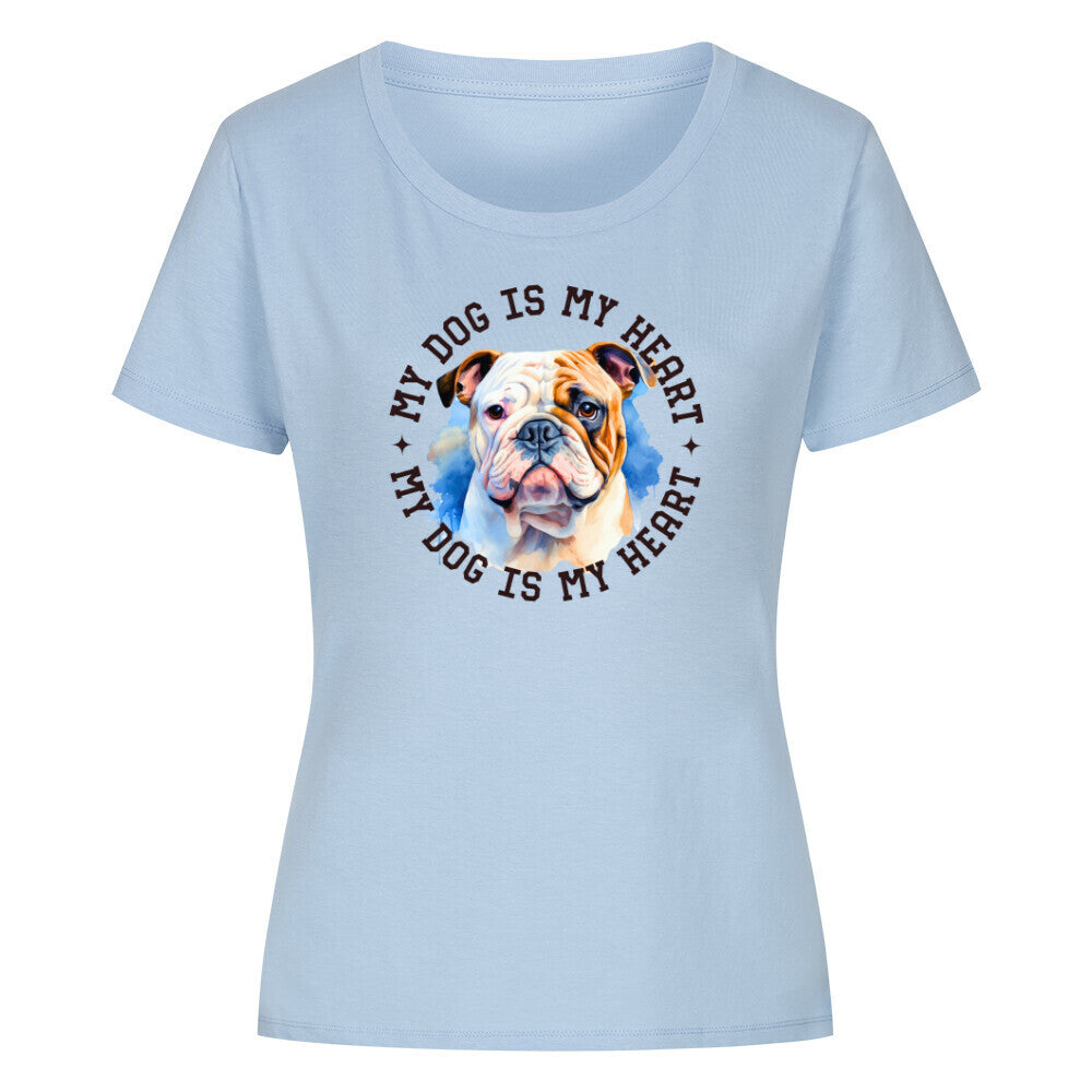 Premium Organic Damen Shirt "Englische Bulldogge HEART" Sky Blue – hunde-shirt.de