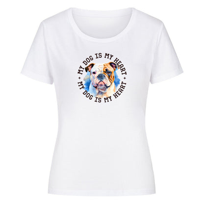 Premium Organic Damen-Shirt "Old English Bulldog HEART" Weiß – hunde-shirt.de