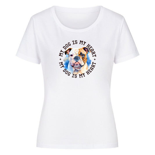 Premium Organic Damen-Shirt "Old English Bulldog HEART" Weiß – hunde-shirt.de