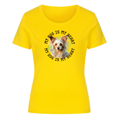 Premium Organic Damen-Shirt "Chinese Crested HEART" Golden Yellow – hunde-shirt.de