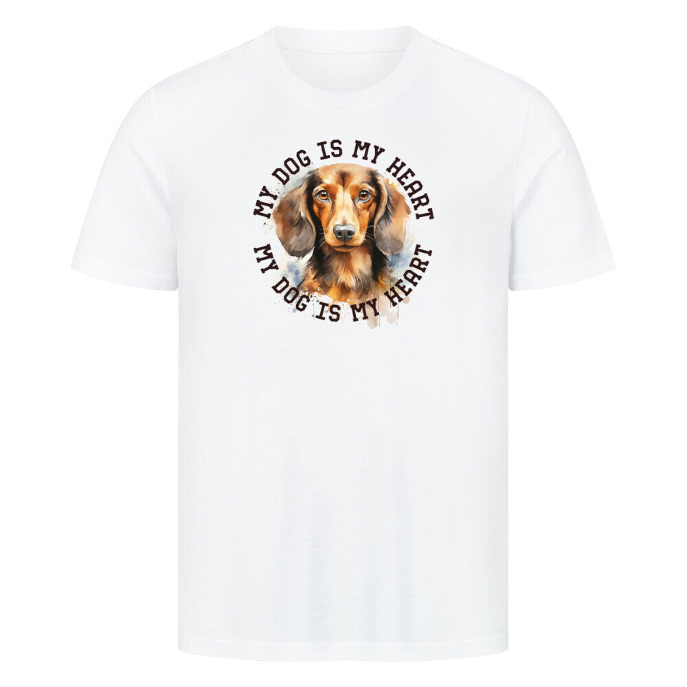 Premium T-Shirt "Langhaar Dackel HEART" Weiß – hunde-shirt.de