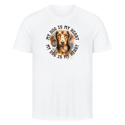 Premium T-Shirt "Langhaar Dackel HEART" Weiß – hunde-shirt.de