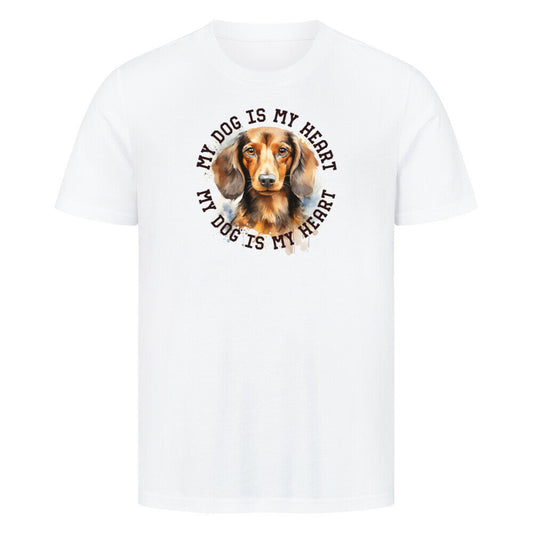 Premium T-Shirt "Langhaar Dackel HEART" Weiß – hunde-shirt.de