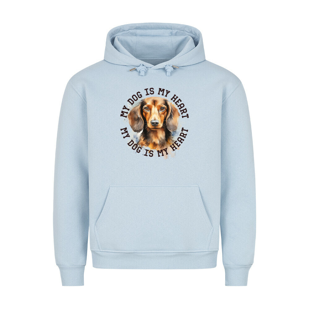 Premium Hoodie "Langhaar Dackel HEART" Babyblau – hunde-shirt.de