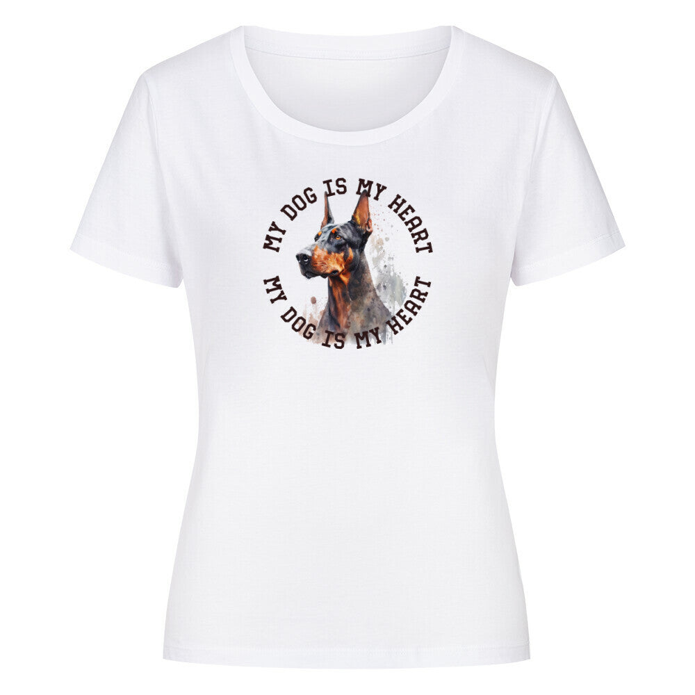 Premium Organic Damen-Shirt "Dobermann HEART 2" Weiß – hunde-shirt.de