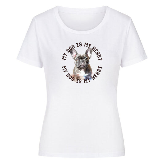 Premium Organic Damen-Shirt "Französische Bulldogge blau H" Weiß – hunde-shirt.de