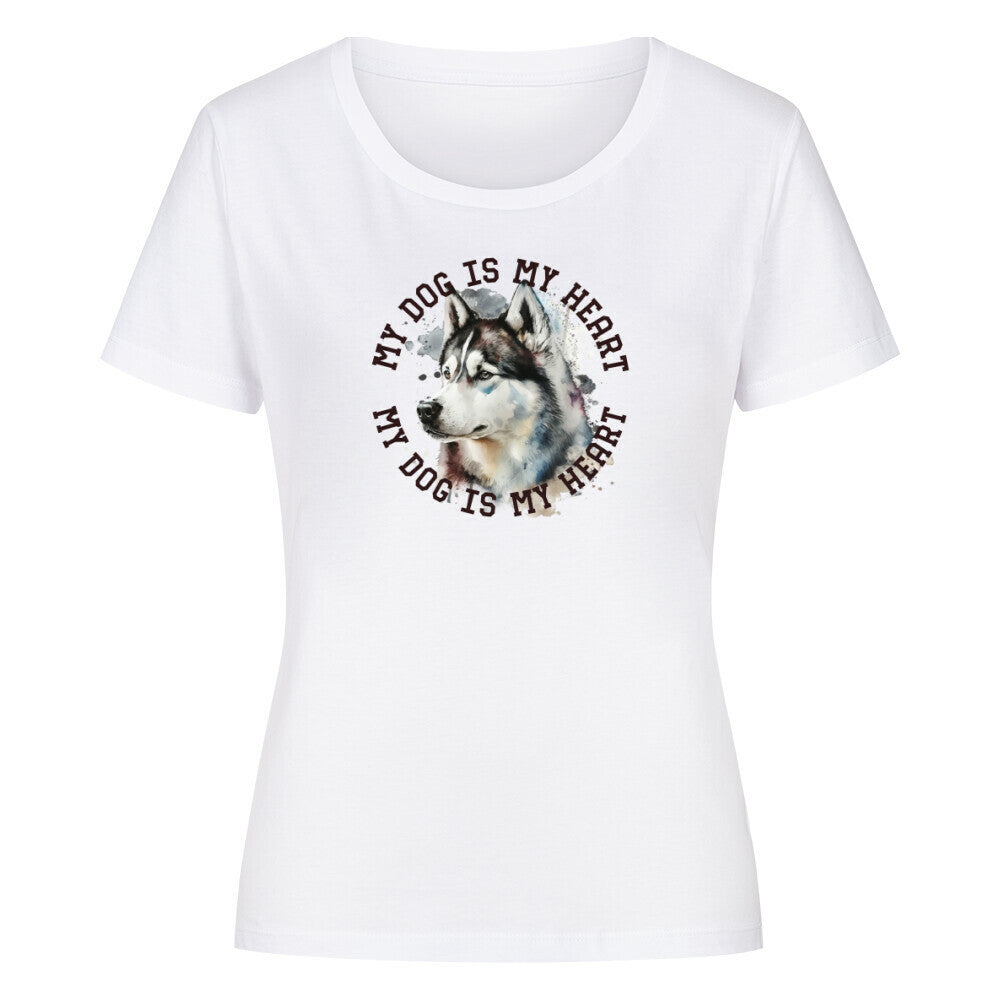 Premium Organic Damen-Shirt "Husky HEART" Weiß – hunde-shirt.de