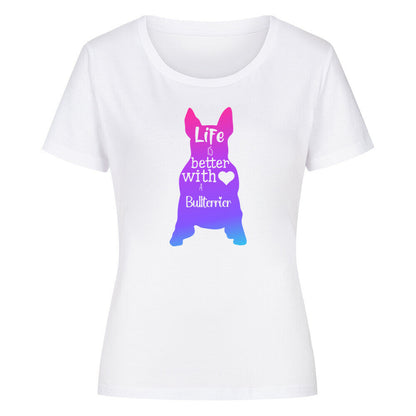 Premium Organic Damen-Shirt "Bullterrier LIFE pink" Weiß – hunde-shirt.de